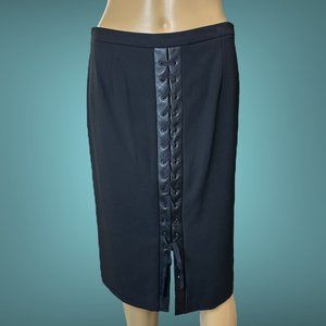 BCBG Pencil Skirt Sz 4 Black High Rise Leather Straps Detail Lined Slit Stretch
